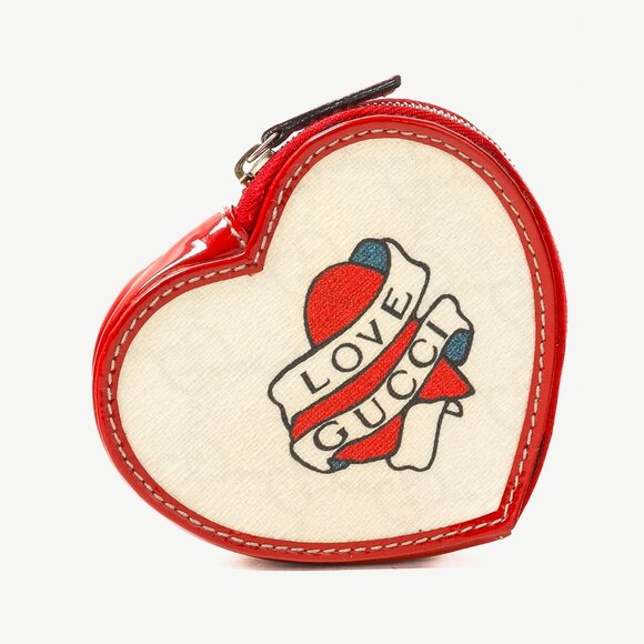 Gucci "Love Gucci" Tattoo Red Patent Leather Heart-Shaped Monogram Coin Purse - Picture 1 of 8